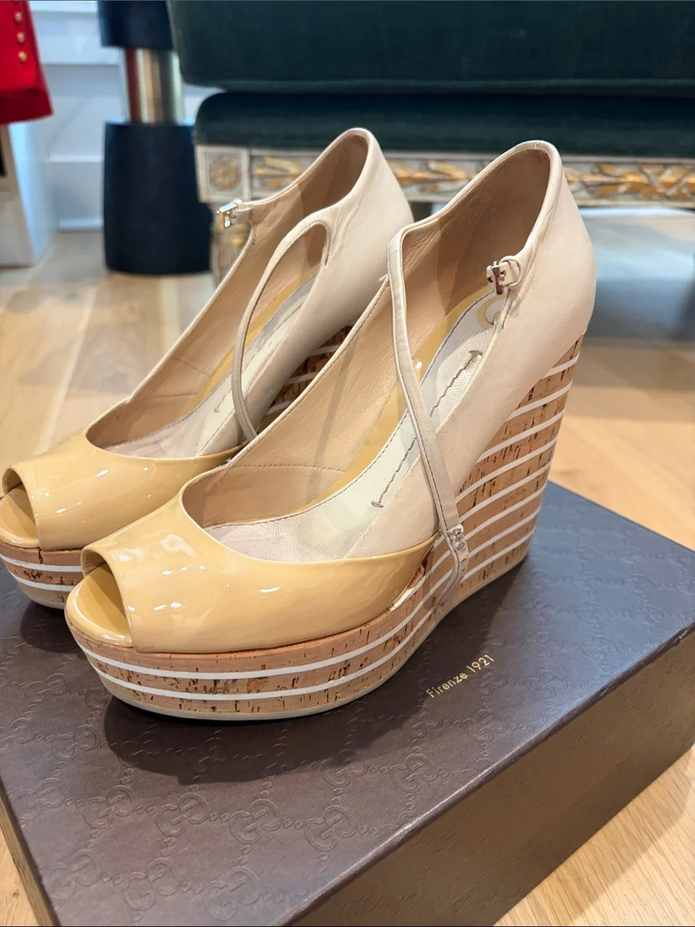 Gucci Yellow Patent Leather Peep-Toe Platform Heels with Ankle Strap